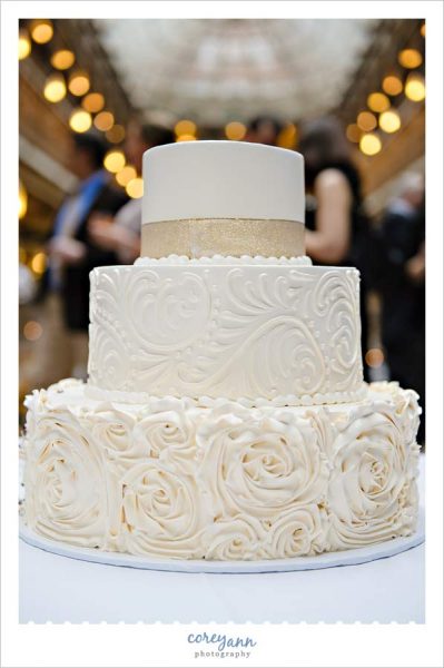Cream and Gold Wedding Cake by Wild Flour Bakery at the Hyatt Arcade