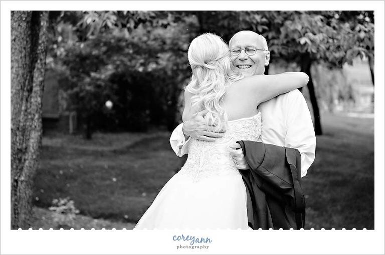 Bride hugging her father after first look