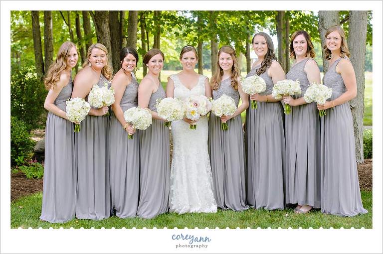 Bride and Bridesmaids with Grey Dresses and White Bouquets