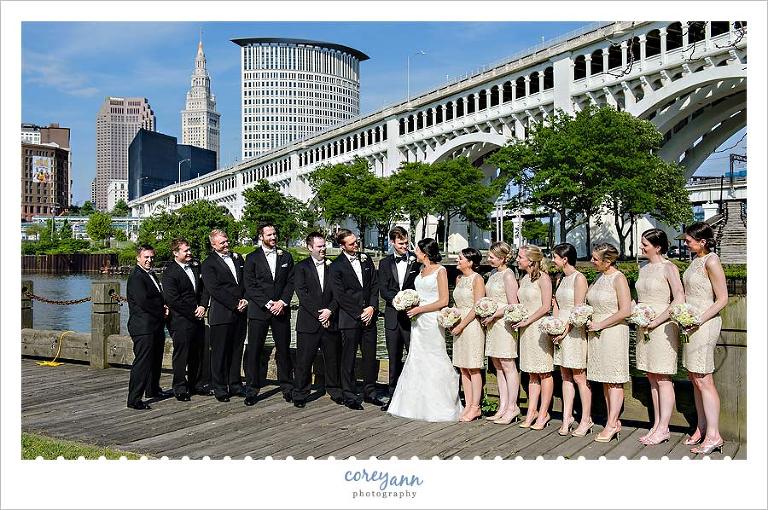 Cleveland Skyline Portrait with Wedding Bridal Party