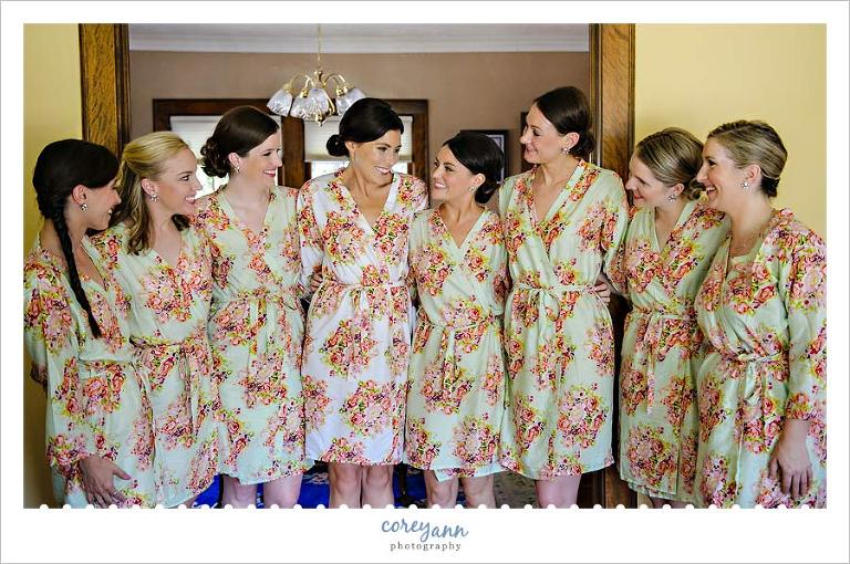 Bride and Bridesmaids before wedding in floral robes