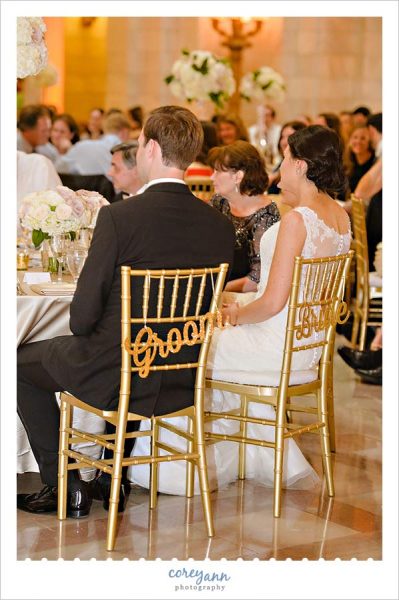 Bride and Groom signs on chairs at Wedding Reception