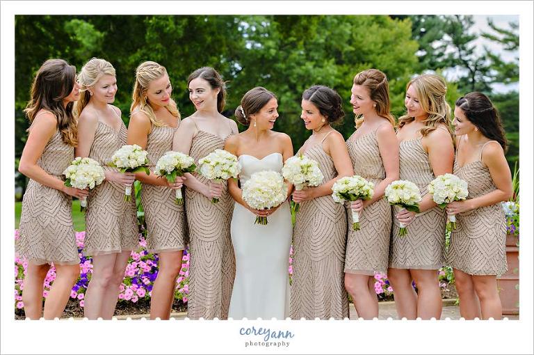 bridesmaids in gold sequined gowns
