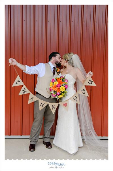 Bride and Groom with Thank You burlap banner