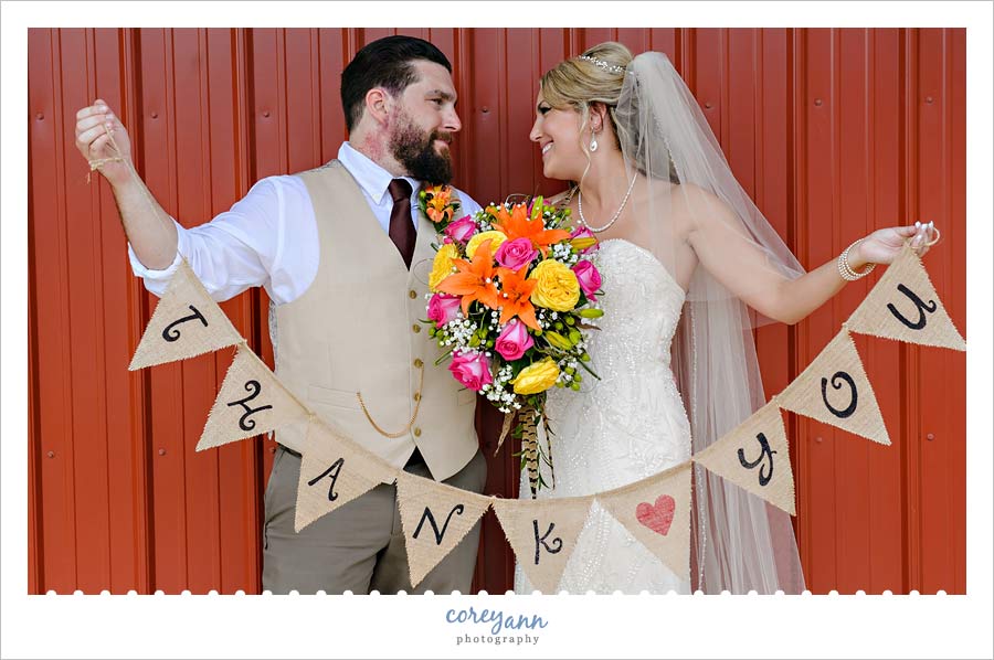 Bride and Groom with Thank You burlap banner