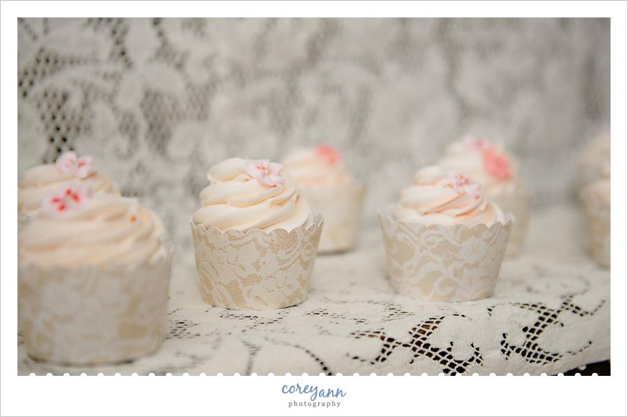 Buhler's cupcakes on lace tablecloth