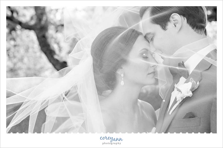 Bride and Groom with wedding veil over faces