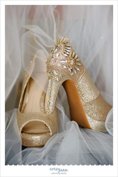 Gold Glitter Heels with Rhinestone Detail on back