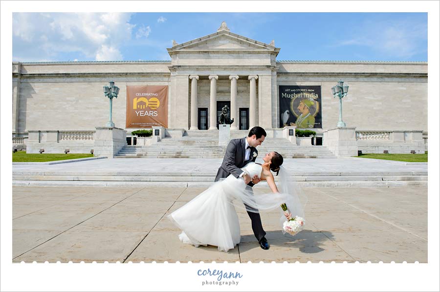 Bride and Groom dip in front of Cleveland Museum of Art