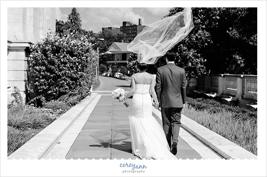 Bride's veil blowing in the breeze in Cleveland