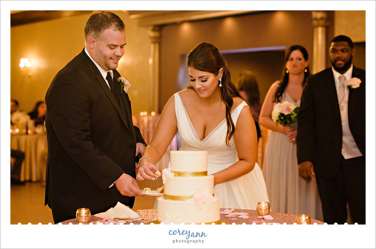 bride and groom cutting wedding cake during reception
