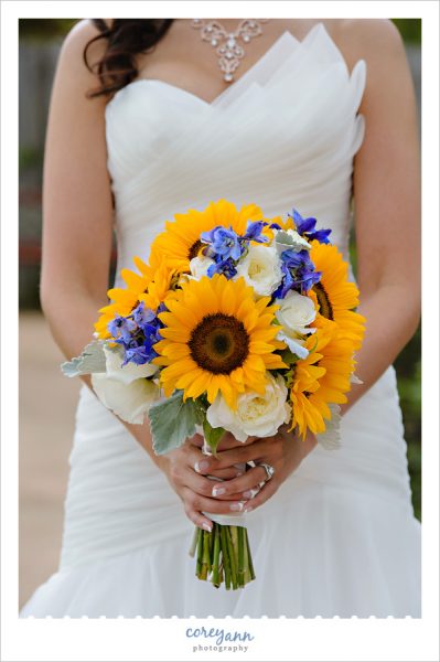 Sunflower and white and blue bridal bouquet 