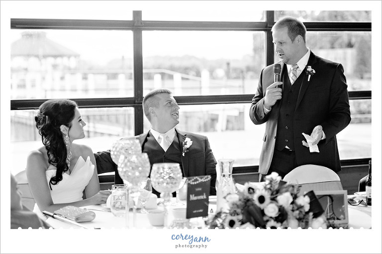 toasts during wedding reception at Lyman Harbor
