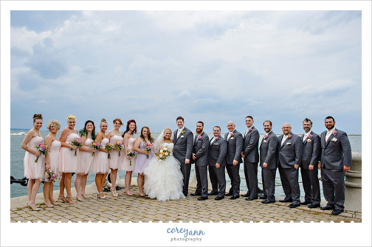 Bridal party after wedding in front of Lake Erie in Cleveland
