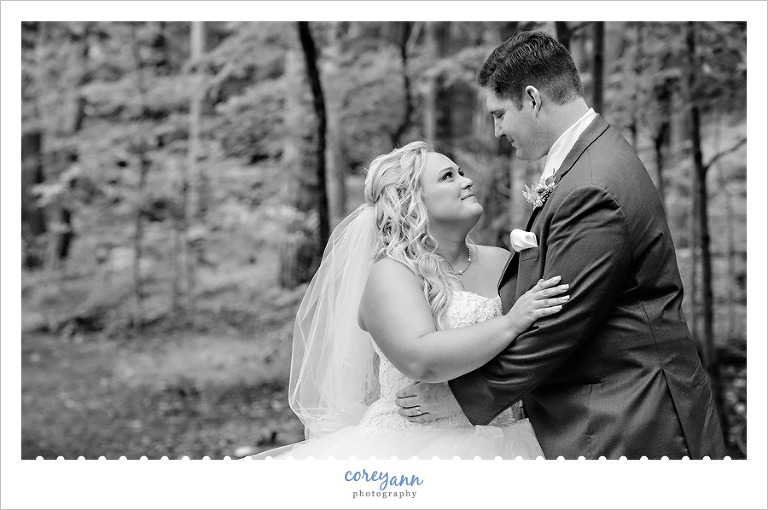 bride and groom at brecksville reservation for wedding photos