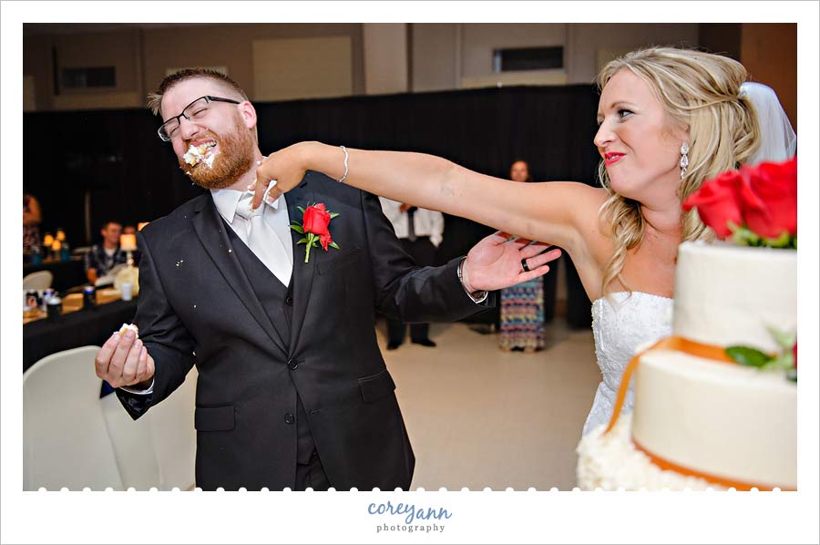 Cake smash during wedding reception at american legion
