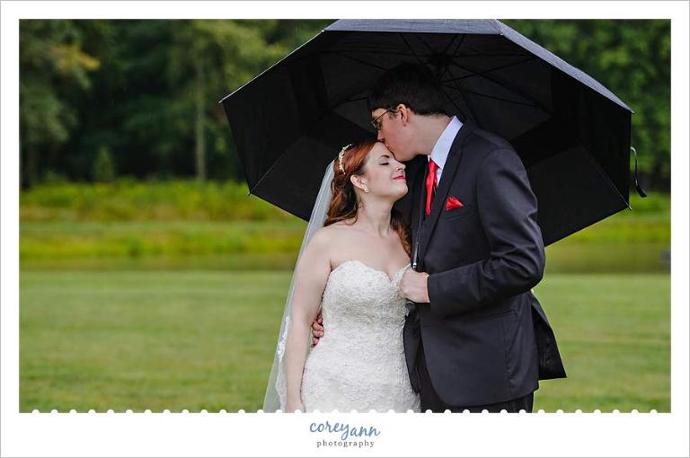 Bride and Groom under umbrella in the rain