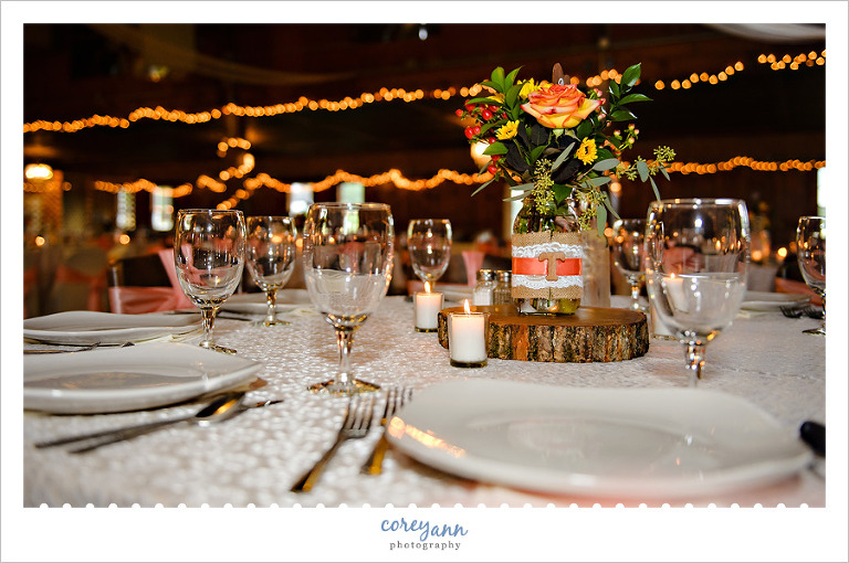 columbia ballroom wedding reception in coral and yellow