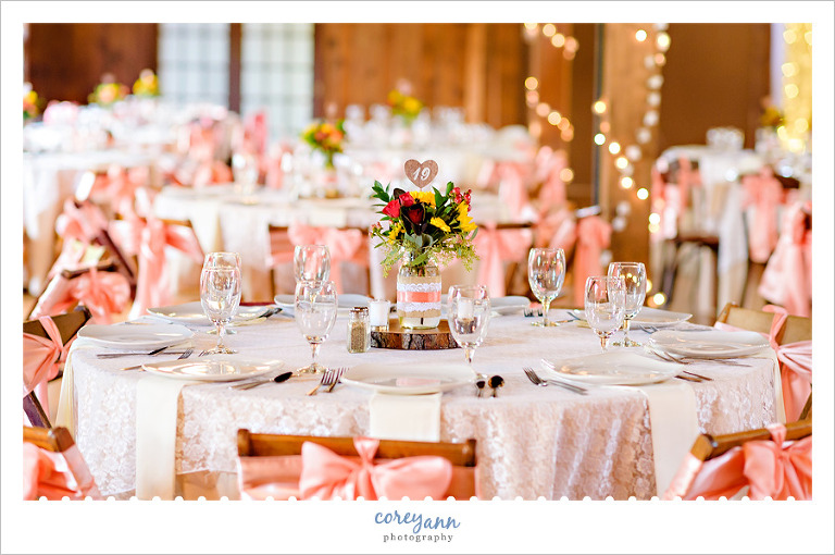 columbia ballroom wedding reception in coral and yellow