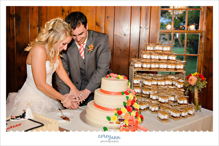 bride and groom cutting the cake at wedding reception