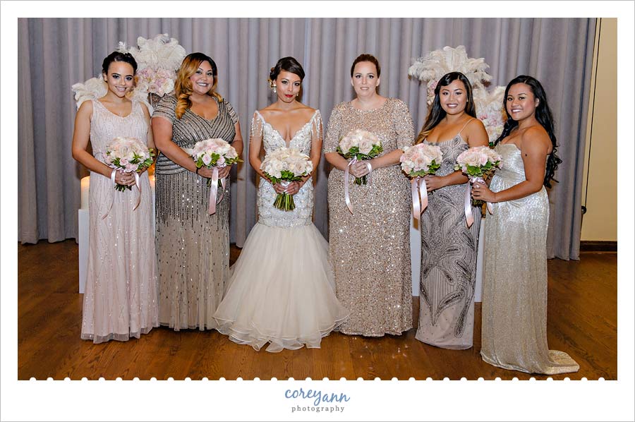Bride with Bridesmaids in Different Gowns 