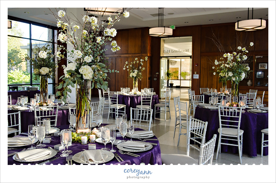 purple and silver reception decor at woodland hall