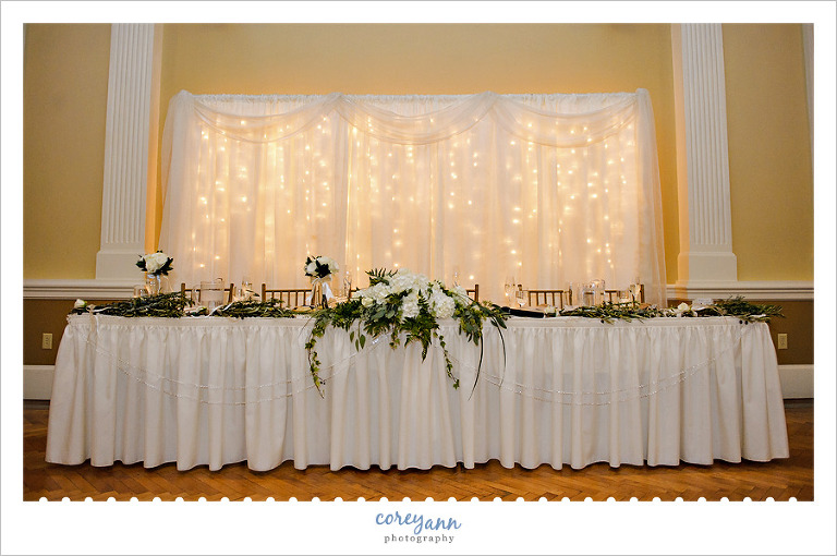 Head table at wedding reception at the Onesto Event Center