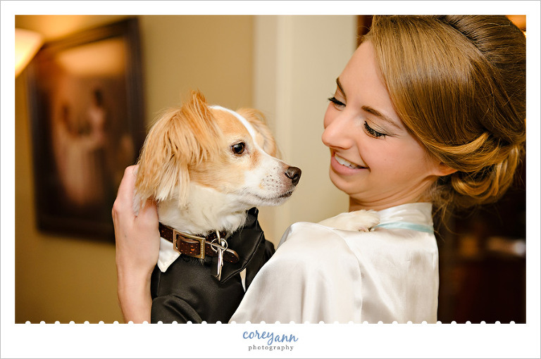 bride with dog before wedding in canfield ohio