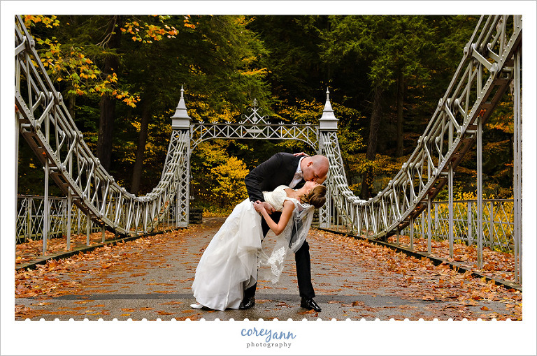 Bride and Groom dipping at Cinderella Bridge in Youngstown 