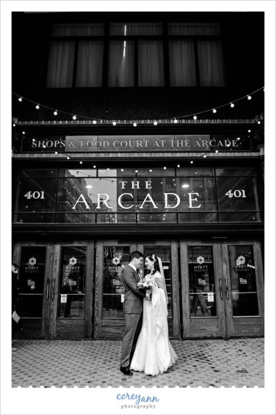 Wedding photo outside The Arcade in Cleveland