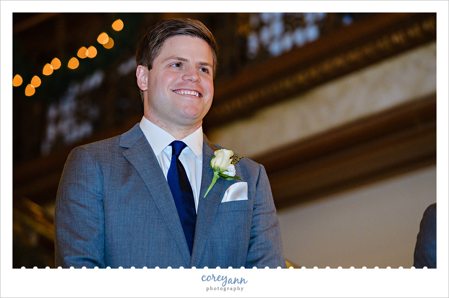 Groom seeing bride walk down the aisle in Cleveland