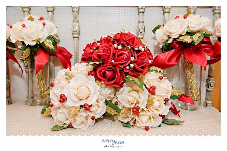 Handmade red and white silk floral wedding bouquets