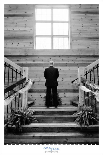 Groom waiting for first look at Mapleside Farms