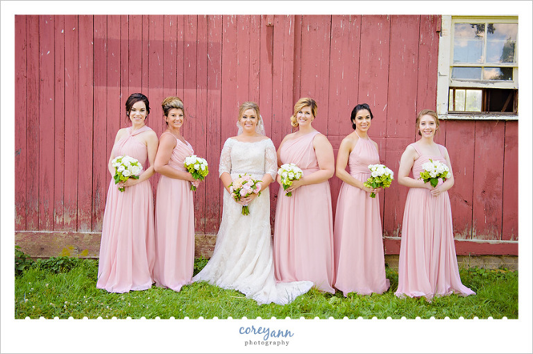 Bride with bridesmaids in pink gowns 