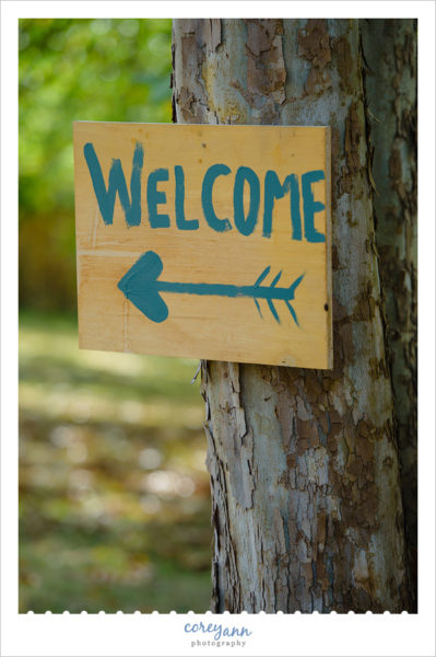 hand painted welcome sign to backyard wedding 