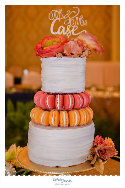 Pink and Orange Wedding Cake with Macarons