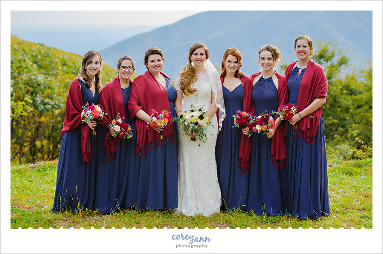 Blue Long Bridesmaid Dresses with Red Shawls 