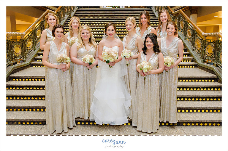 Bridesmaids in Long Gold Gowns 