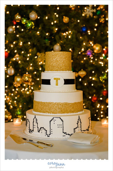 Black and Gold Cleveland Skyline Wedding Cake