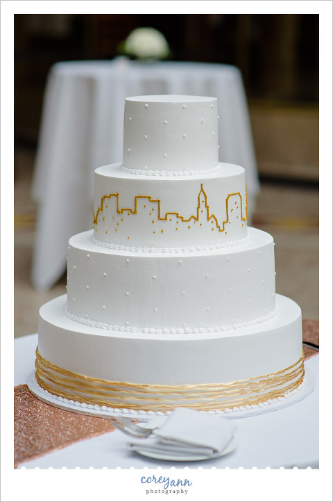White and Gold Cleveland Skyline Wedding Cake