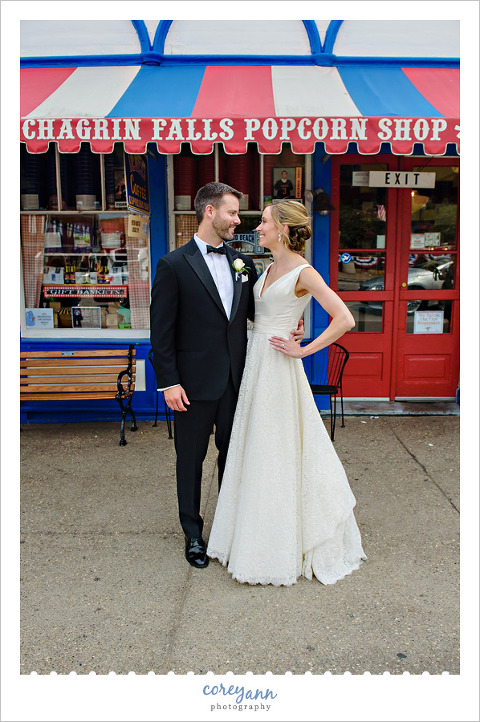 Bride and Groom at the Chagrin Falls Popcorn Shop