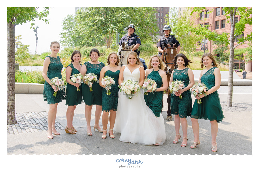 Bridesmaids in Cleveland with Police Horses