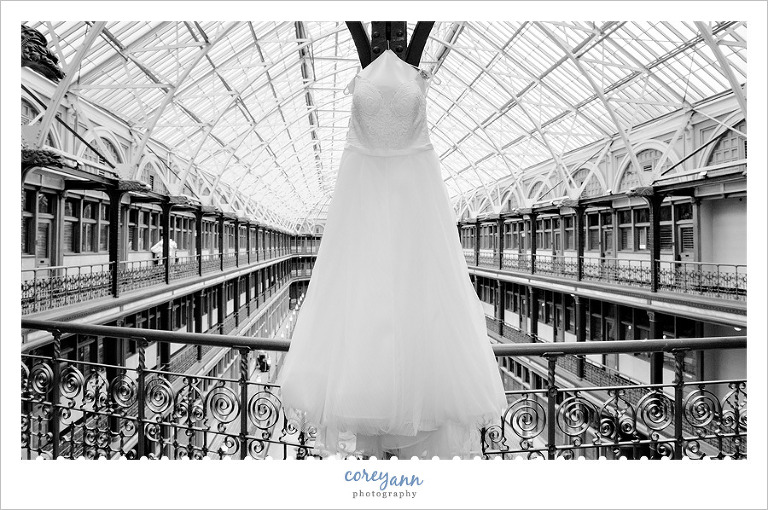 Wedding dress hanging at the Hyatt Arcade in Cleveland