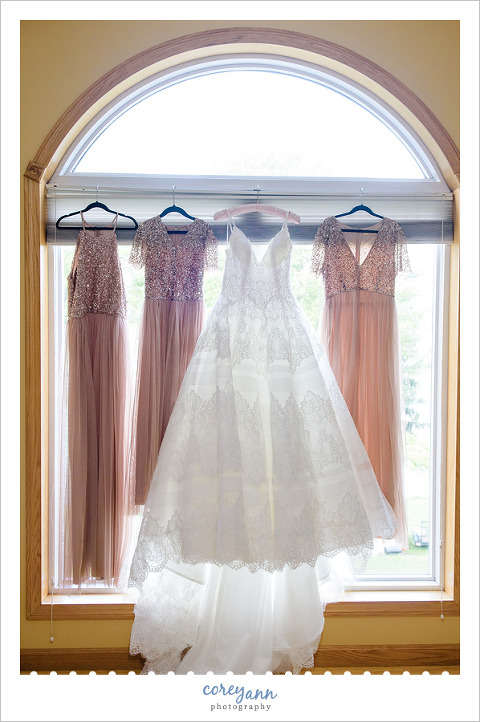 Bride and Bridesmaid Gowns Hanging in Window