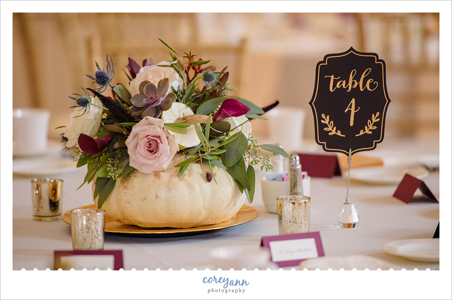 White Pumpkin and Rose Wedding Reception Centerpiece