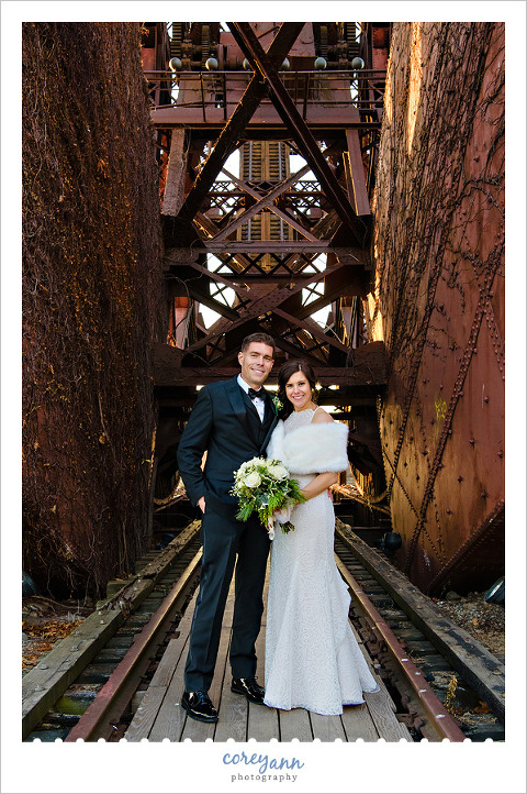 Wedding photo at the jackknife bridge in Cleveland Flats