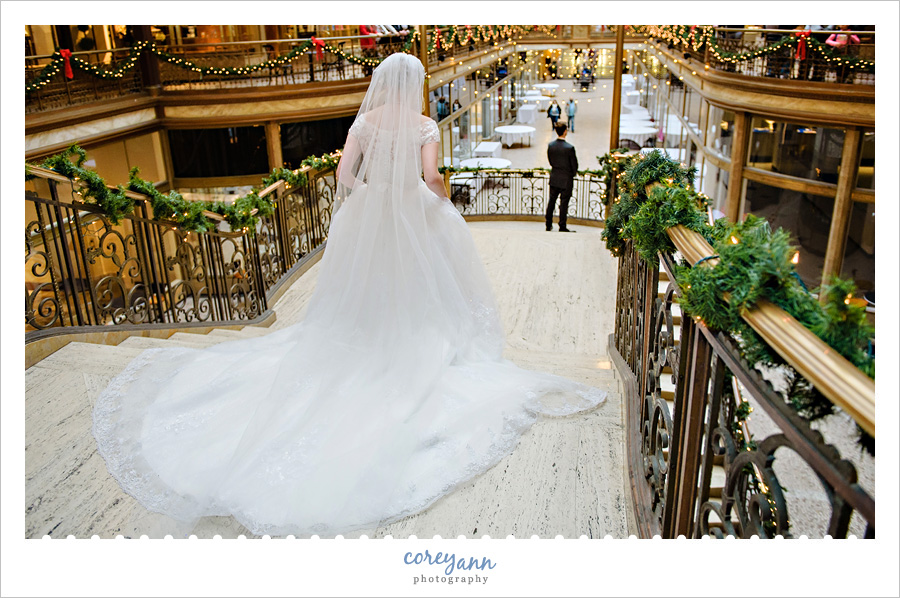 First Look before wedding at Cleveland Hyatt Arcade