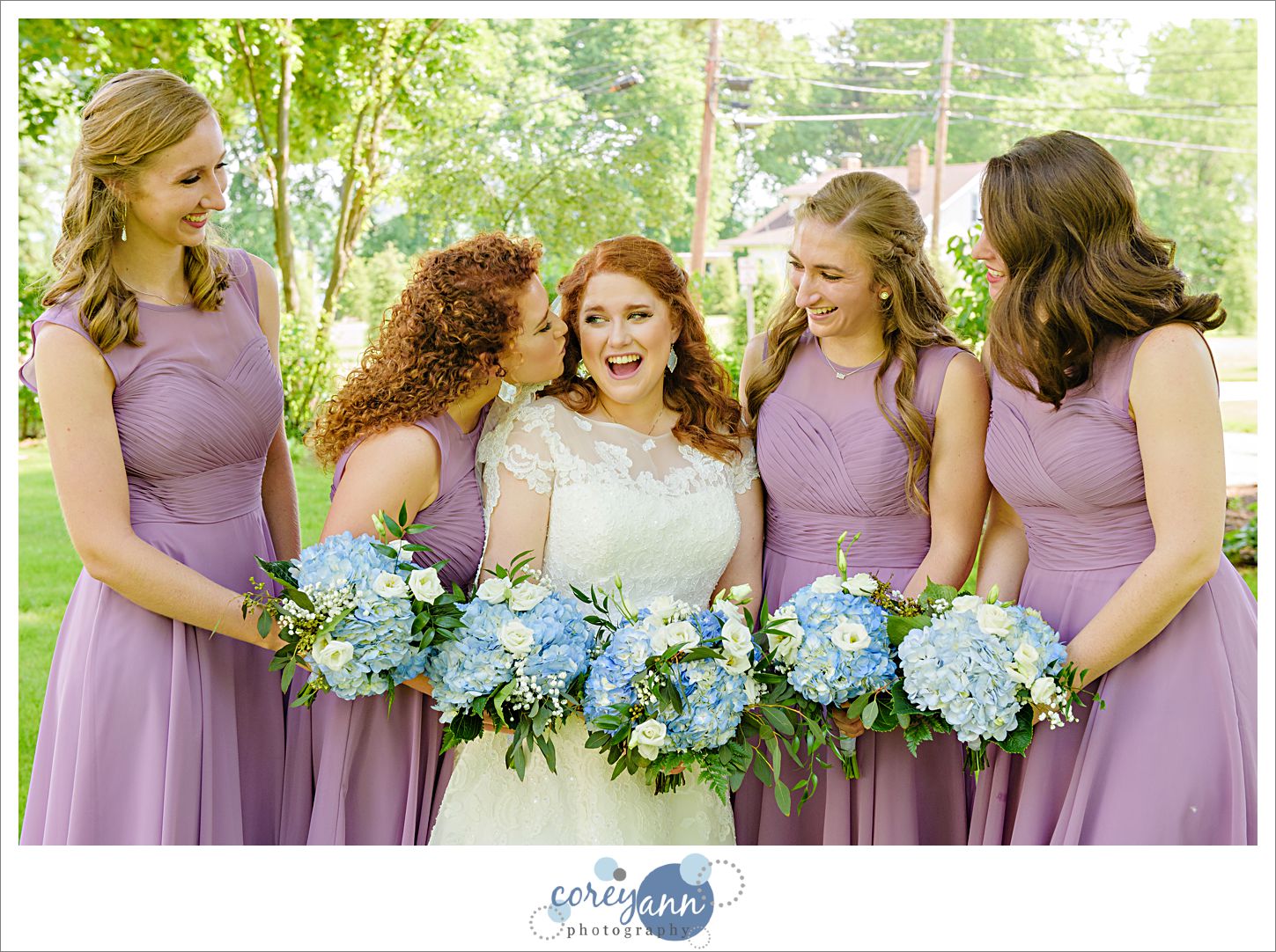 Bride and Bridesmaids at First Look before Wedding at Reeves Victorian Home
