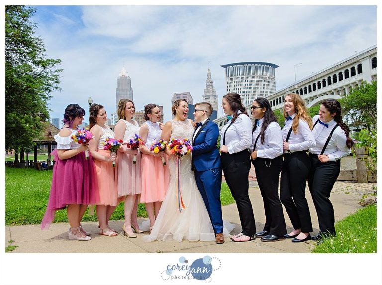 Wedding Bridal Party with Cleveland Skyline