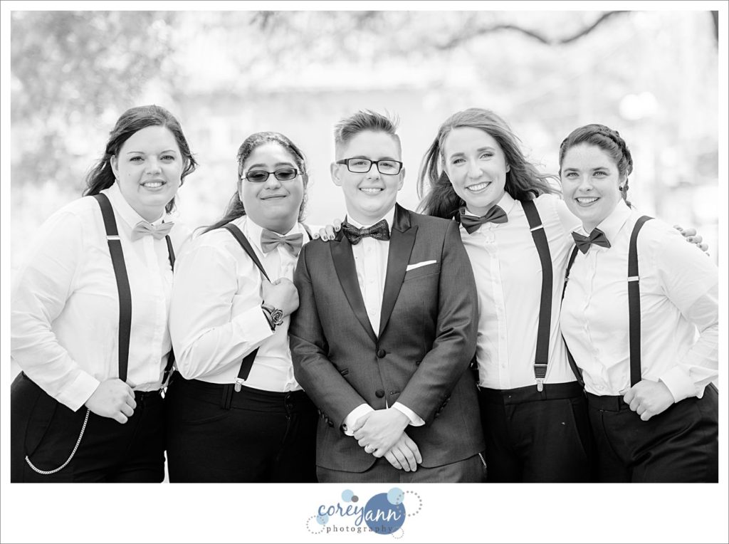 Bride with Bridesmaids in Suspenders